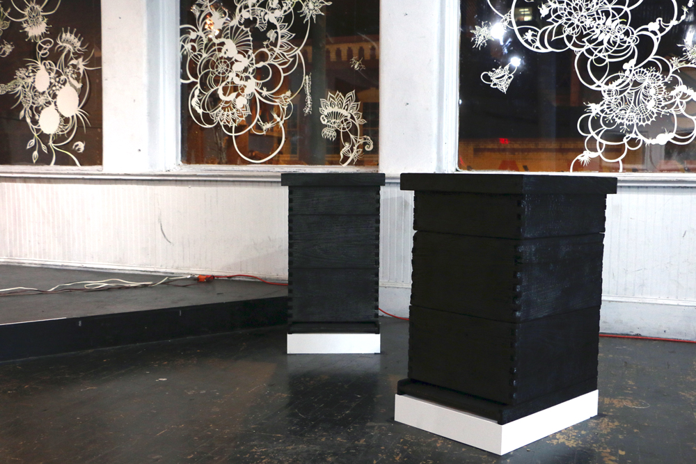 L to R: Laura Bell, Neobiota , 2014; morgan alexander, where have they gone? where are we going? (charred) , 2014