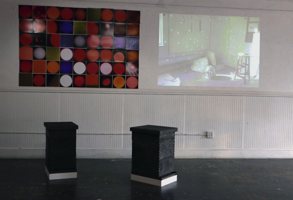 L to R: Ian Cone, Heliocentric Revolution #1-42 , 2014; morgan alexander, where have they gone? where are we going? (charred) , 2014; Nikita Gale, Disco Clouds , 2013